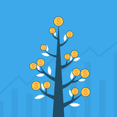 Money tree business growth concept blue illustration