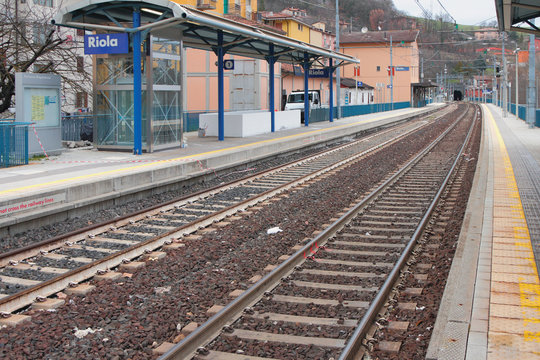 Two-acceptable railroad and station. Riola, Bologna, Emilia-Romagna, Italy