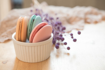 French macaroons with old vintage style present for sweet dessert on snack for happy meal and free time