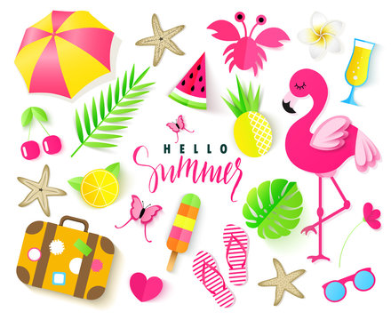 Set of cute summer elements. Pink flamingo, tropical leaves, umbrella, crab, flip flops, pineapple, cherry, orangeand other elements. Paper Art. Design for summer cards, posters or party invitations