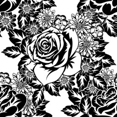 seamless monochrome pattern of flowers for greeting cards, background, price tags