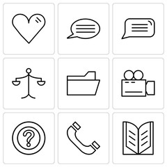 Set Of 9 simple editable icons such as Open book, Headphones, Question mark, Video camera, File folder, Weighing scale, Speech bubble, Speech bubble with text, Heart