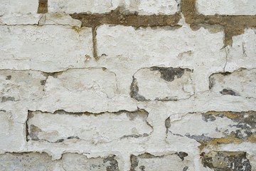 Weathered old brick wall with white paint