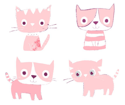 Set of cute hand drawn pink cats in flat style in various positions
