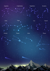12 Zodiac Constellations Star Maps over Mountains on the Night Sky - Vector Illustration. - 201251393