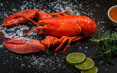 Top view of whole red lobster with ice and lime on a black slate tray