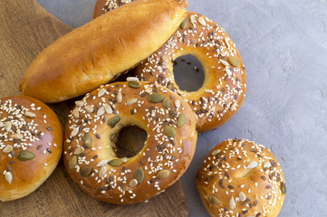 Bakery products on grey background. the view from the top