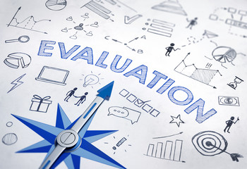 EVALUATION concept with blue compass. 3d Rendering