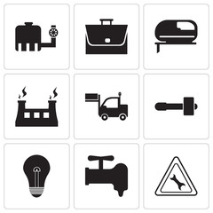 Set Of 9 simple editable icons such as wrench, crane, bulb, hammer, lorry, fabric & steam, grinder, bag, tipper