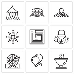 Set Of 9 simple editable icons such as Bbq, Balloons, Wheel, Clown, Board game, Disco ball, Balloon dog, Drums, Tent