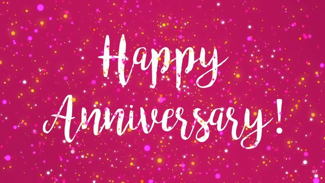 Sparkly pink Happy Anniversary greeting card video animation with handwritten text and falling colorful glitter particles.