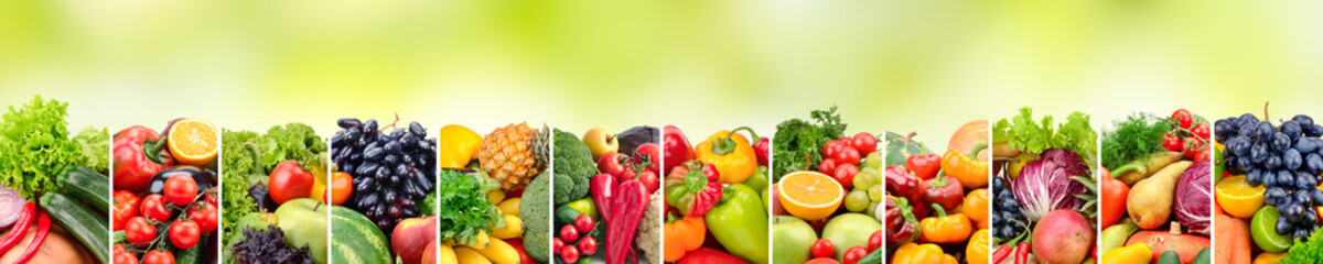 Panoramic collage vegetables and fruits on green background.