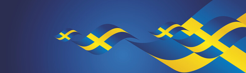 Sweden National Day waving flags two fold blue landscape background