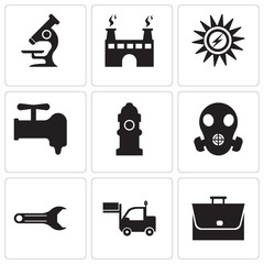 Set Of 9 simple editable icons such as bag, lorry, adjustable wrench, respirator, Fire Hydrant, crane, Sun Energy, factory, microscope