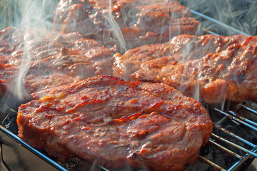 Grillen, Rostbrätel auf Holzkohlegrill