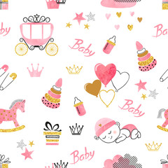 Baby Shower girl seamless pattern. Vector watercolor kids background.