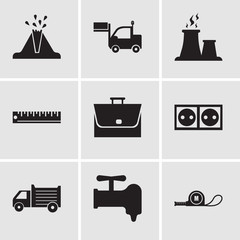 Set Of 9 simple editable icons such as meter, crane, lorry, socket, bag, ruler, fabric steam, lorry, volcano