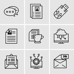 Set Of 9 simple editable icons such as Mail 24 hours, Laptop, on mail, Laptop, Mail and tea, Pendrive, Flyer, Chat
