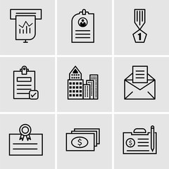 Set Of 9 simple editable icons such as contract, dollar, postcard, email, building, Check document, winner, CV, Presentation