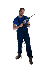 Portrait of a young worker standing on white background