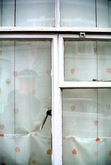 detail of window with white curtain decorated with hearts,
