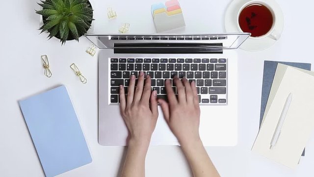 Top view of woman hands on white office table desk or woman workspace with computer keyboard, blue diary, green potted cactus flower background. Flat lay