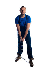 Portrait of a young workman standing on white background