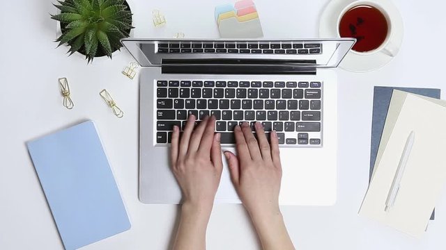 Top view of woman hands on white office table desk or woman workspace with computer keyboard, blue diary, green potted cactus flower background. Flat lay