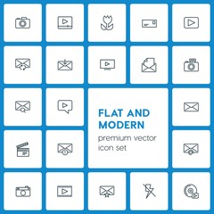 Modern Simple Set of video, photos, email Vector outline Icons. ..Contains such Icons as  video,  media,  mobile, lightning,  theater,  set and more on dark background. Fully Editable. Pixel Perfect