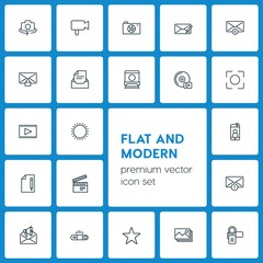 Modern Simple Set of video, photos, email Vector outline Icons. ..Contains such Icons as  picture,  movie,  post,  icon,  rotate,  rating and more on dark background. Fully Editable. Pixel Perfect