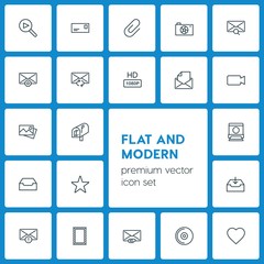 Modern Simple Set of video, photos, email Vector outline Icons. ..Contains such Icons as  message, letter, overfilled,  vector,  mail,  cd and more on dark background. Fully Editable. Pixel Perfect