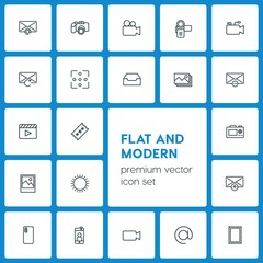 Modern Simple Set of video, photos, email Vector outline Icons. ..Contains such Icons as mail,  media,  gift,  photography,  lens,  sky and more on dark background. Fully Editable. Pixel Perfect