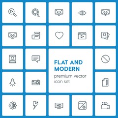 Modern Simple Set of video, photos, email Vector outline Icons. ..Contains such Icons as  television, empty,  tv,  view,  icon, camera, hd and more on dark background. Fully Editable. Pixel Perfect