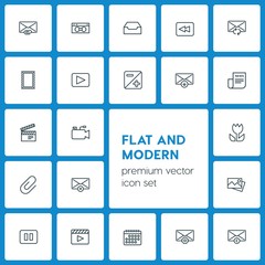 Modern Simple Set of video, photos, email Vector outline Icons. ..Contains such Icons as  symbol,  scroll,  flat,  line,  entertainment, stop and more on dark background. Fully Editable. Pixel Perfect