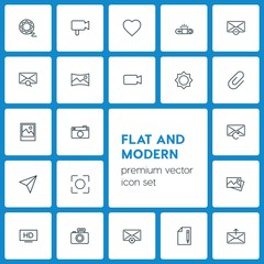 Modern Simple Set of video, photos, email Vector outline Icons. ..Contains such Icons as exit,  remove, camera,  sign,  photo,  television and more on dark background. Fully Editable. Pixel Perfect