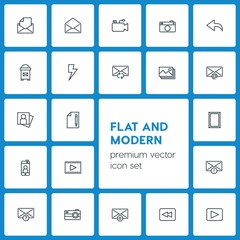 Modern Simple Set of video, photos, email Vector outline Icons. ..Contains such Icons as mail, open,  mail,  lens,  scroll,  red,  forward and more on dark background. Fully Editable. Pixel Perfect