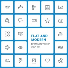 Modern Simple Set of video, photos, email Vector outline Icons. ..Contains such Icons as image,  select, movie,  icon,  technology,  sky, hdr and more on dark background. Fully Editable. Pixel Perfect