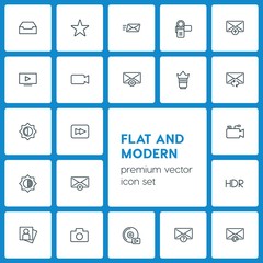 Modern Simple Set of video, photos, email Vector outline Icons. ..Contains such Icons as  forward,  person,  message,  tourism,  inbox,  star and more on dark background. Fully Editable. Pixel Perfect