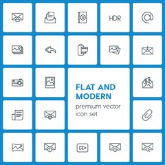 Modern Simple Set of video, photos, email Vector outline Icons. ..Contains such Icons as mail,  business,  icon,  cd,  paper,  post, panorama and more on dark background. Fully Editable. Pixel Perfect