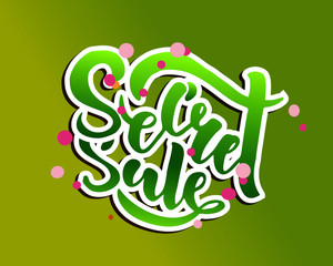 Naklejka premium Secret Sale offer poster banner vector illustration. Text with handwritten lettering for ad, promo, web design. Bright sketch.