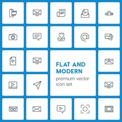 Modern Simple Set of video, photos, email Vector outline Icons. ..Contains such Icons as  archive,  message, message,  photography,  vintage and more on dark background. Fully Editable. Pixel Perfect