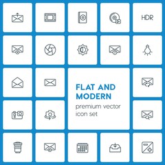 Modern Simple Set of video, photos, email Vector outline Icons. ..Contains such Icons as  disc,  photo,  technology,  vector,  play, camera and more on dark background. Fully Editable. Pixel Perfect