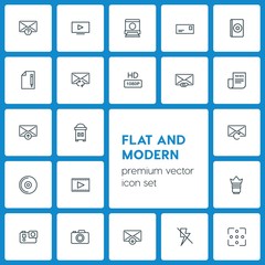 Modern Simple Set of video, photos, email Vector outline Icons. ..Contains such Icons as movie,  picture,  entertainment,  camera,  off,  cd and more on dark background. Fully Editable. Pixel Perfect