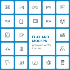 Modern Simple Set of video, photos, email Vector outline Icons. ..Contains such Icons as  phone,  pause,  letter,  icon,  element,  camera and more on dark background. Fully Editable. Pixel Perfect