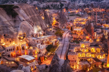 night view of Goreme, Cappadocia, Turkey. A world-famous tourist center of balloon flight - obrazy, fototapety, plakaty