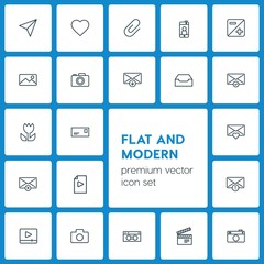 Modern Simple Set of video, photos, email Vector outline Icons. ..Contains such Icons as  digital,  video,  pocket,  postal,  photo, heart and more on dark background. Fully Editable. Pixel Perfect