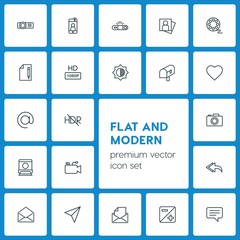 Modern Simple Set of video, photos, email Vector outline Icons. ..Contains such Icons as  message,  icon,  shot, microphone,  photo,  mail and more on dark background. Fully Editable. Pixel Perfect