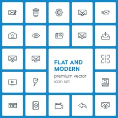 Modern Simple Set of video, photos, email Vector outline Icons. ..Contains such Icons as private,  technology,  send,  outline, camera,  mail and more on dark background. Fully Editable. Pixel Perfect