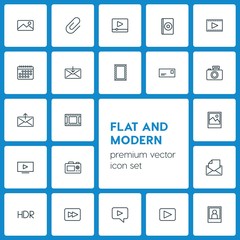 Modern Simple Set of video, photos, email Vector outline Icons. ..Contains such Icons as  play, paperclip,  design,  phone,  scroll,  office and more on dark background. Fully Editable. Pixel Perfect