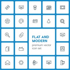 Modern Simple Set of video, photos, email Vector outline Icons. ..Contains such Icons as  month,  vintage,  document, private,  vector,  date and more on dark background. Fully Editable. Pixel Perfect